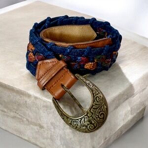 Vintage Woven Denim Tapestry Belt Boho Western Floral Brass Buckle Blue Tan